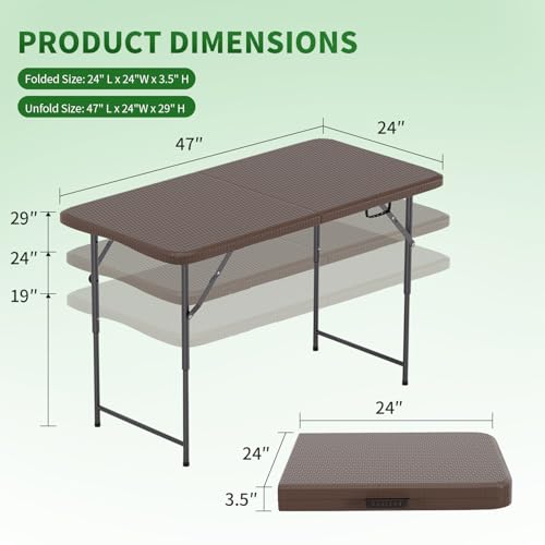 BestOffice 4 FT Picnic Table Folding Table Camping Plastic Table Fold Up Table Lock for Party Event, Brown Ratten - color: Brown Ratten, size: 4 FT
