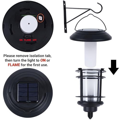 Dynaming Solar Flame Wall Lanterns, Outdoor Solar Wall Hanging Lights, Flickering Flame LED Lights Auto On/Off Wall Mounted Sconce Lights with Hooks, Waterproof for Garage Stair Patio Porch, 2 Pack