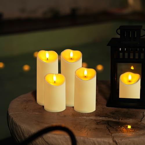 Homemory Outdoor Waterproof Flameless Candles, LED Candles, Battery Operated Candles with Remote and Timers, Electric Fake Plastic Pillar Candles, Dark Ivory, D3 H4 5" 6" 8" 8", Set of 5 - color: Dark Ivory, size: D3"xH4"5"6"8"8"