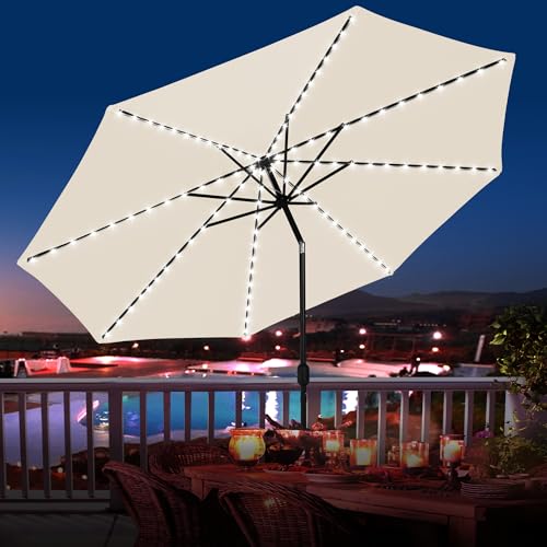 Sundale Outdoor Olefin 5-Year-Non-Fading Solar 104 LED 11FT Solar Patio Umbrella with Sand Bag Base, Outdoor Umbrella with Tilt and Crank, Beige - color: Beige, size: 11FT
