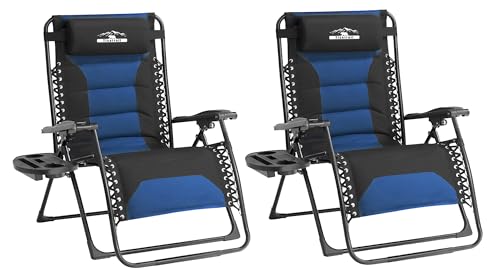 Zero Gravity Lounge Chairs - Set of 2 Oversized Reclining Patio Chairs with Adjustable Pillow & Cup Holder (500lbs Capacity, Black/Blue) - color: Black & Blue, size: X-Large/2 PCS