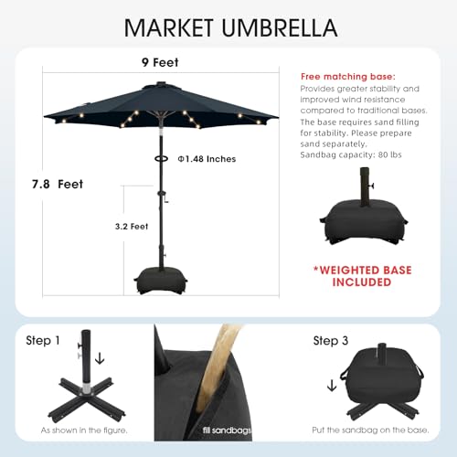wikiwiki 9FT Solar Led Patio Umbrella with Base Included, 32 LED Lights, 8 Sturdy Ribs, Fade Resistant Waterproof POLYESTER DTY Canopy for Garden, Lawn, Deck, Backyard & Pool, Navy Blue - color: Navy Blue, size: 9FT