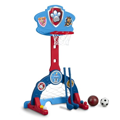 Delta Children PAW Patrol 4-in-1 Sports Center – Adjustable Easy Score Basketball Hoop, Soccer/Hockey Net and Golf Game, Blue - color: Paw Patrol