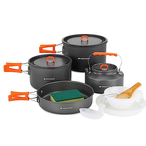 Odoland 15pcs Camping Cookware Non-Stick Lightweight Camping Pots and Pans Set with Kettle Plastic Plates Bowls Soup Spoon for Camping, Backpacking, Outdoor Cooking and Picnic - style: 15pcs W/ Kettle