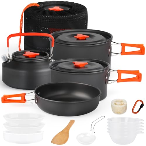 Gutsdoor Camping Cookware Set Camping Gear Campfire Utensils Non-Stick Cooking Equipment Lightweight Stackable Pot Pan Bowls with Storage Bag for Outdoor Hiking - style: 16pcs (Orange)