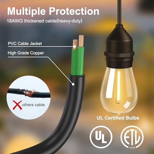 50FT Outdoor String Lights with 32+2 Bulbs (1.5FT Bulbs Spacing), Remote & Dimmer, Commercial Patio String Lights with 3 Mode Light & Timing, IP65 Waterproof, 50PC Mounting Ties for Outside - size: 50ft With Remote (1.5ft Bulbs Spacing)