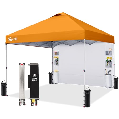 CROWN SHADES Canopy Tent, 10 x 10 Foot Portable Pop Up Outdoor Shelter with Pocket Sidewall, Push Center Lock, UV Protection, and Carry Bag, Orange - color: Orange