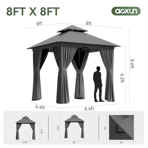 Aoxun 8'x8' Outdoor Gazebo, 50mm Heavy-Duty Steel Frame Double Roof Canopy, Waterproof Polyester Patio Pavilion with Curtains and Netting for Backyard Garden, Gray - color: Dark Gray, size: 8 X 8
