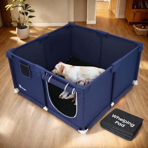 Whelping Box for Dogs - 50"L*50"W*25"H Dog Whelping Play Pen for Puppies,Pet Whelping Box Overall 600D Oxford Fabric with Absorbent Whelping Pad,Dog Birthing Box for Large Medium Small Dogs - color: blue-50*50*25inch