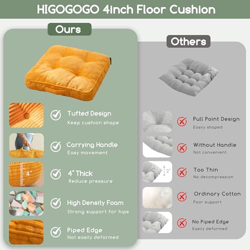 HIGOGOGO Floor Pillow Cushion for Adults, Meditation Cushion Pillow, Large Square Floor Sitting, Tufted Corduroy Cover, for Tatami Living Room or Yoga, 22x22 Inch, Orange - color: Square Orange, size: 4" Thick(Pack of 1)