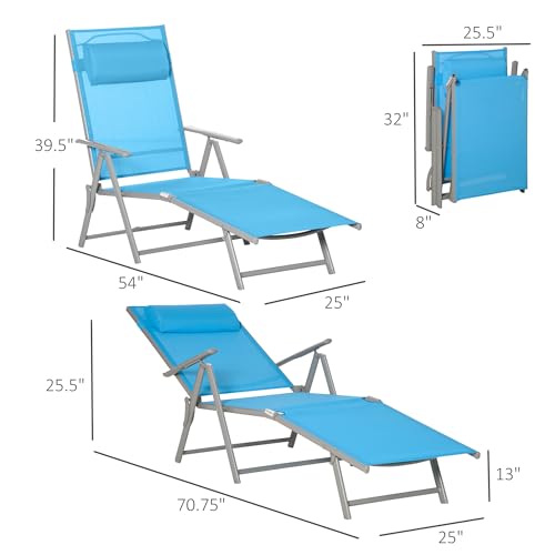 Outsunny Outdoor Folding Lounge Chair, 7-Position Adjustable Zero Gravity Lounge Chair with Pillow, Portable Reclining Tri-Fold Chaise for Beach, Swimming Pool, Light Blue