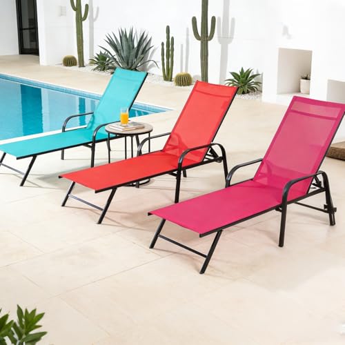 Simple Delxue Folding Chaise Lounge Chair with 5 Reclining Positions, Beach Recliner Chair with Armrests, Textilene Fabric & Steel Frame, Outdoor Patio Poolside Seating, 350 LBS Capacity, Cyan