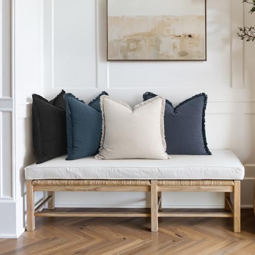 MIULEE Decorative Couch Pillow Covers Neutral Linen Fringe Throw Pillows Set of 4 Boho Farmhouse Cushion Modern Pillowcases for Bed Sofa Living Room Spring Home Decor 18x18 Inch Beige/Coastal Blue - color: Coastal Blue, size: 18" x 18" (Pack of 4)