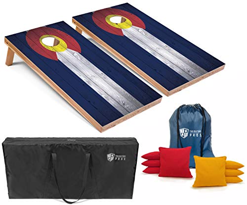 Tailgating Pros Regulation Cornhole Boards Flag Set - Includes 8 Bean Bags, Carrying Cases, and 4'x2' Corn Hole Toss Game w/Ring Light - color: Colorado Flag