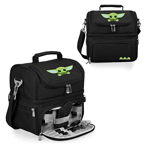 PICNIC TIME Star Wars Mandalorian Grogu Pranzo Insulated Lunch Box, Soft Sided Lunch Cooler Bag with Utensil Set, Dual Compartment Lunch Tote, (Black) - color: Star Wars Mandalorian Grogu Snack Time - Black