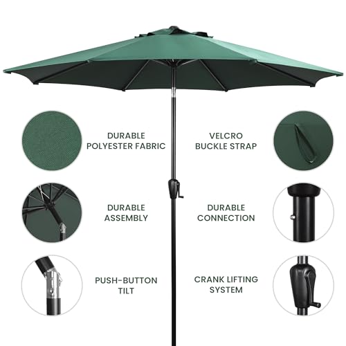 Sun-Ray 9' Round Patio Umbrella with Push-Button Tilt and Hand Crank Lift System, Market Umbrella for Porch, Deck, and Patio - color: Hunter Green