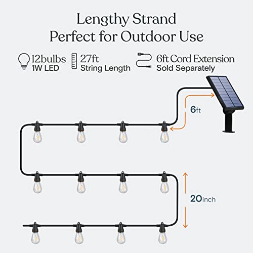 Brightech Ambience Pro Solar Powered Outdoor String Lights, 27ft Remote Control Commercial Grade Waterproof Patio Lights, 12 Edison Bulbs, Shatterproof LED String Lights for Outside - 1W Soft White - style: Bright (1W) Remote Control 27 FT
