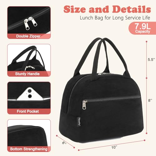 FlowFly Lunch Bag for Women Insulated Lunch Box Corduroy Lunch Tote Cooler for Travel Work Picnic,Corduroy Black - color: Corduroy Black
