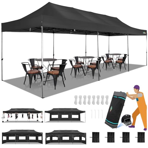 COBIZI 10x30 Heavy Duty Pop up Canopy with 8 sidewalls Party Tent for Parties Weddings Events UPF 50+ Waterproof Commercial Gazebo with Roller Bag, Black(Frame Thickened) - color: Black, size: 10x30 With 8 Sidewalls