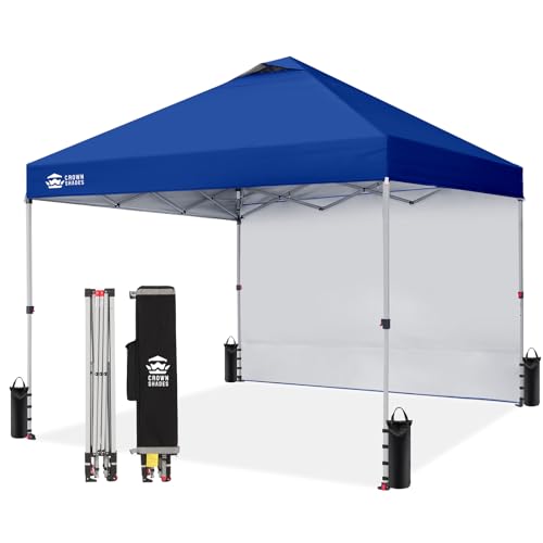 CROWN SHADES 10x10 Pop Up Canopy with 1 Side Wall - Beach Tent with One Push Setup - Outdoor Sun Shade for Events, Parties, Camping - Gazebo with STO-N-Go Cover Bag (Navy Blue) - color: Navy Blue, size: 10x10FT