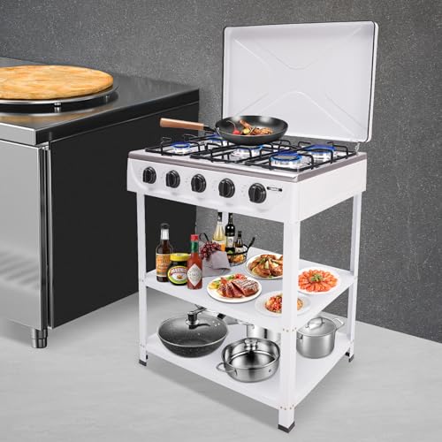 5 Burner Gas Stove with Wind Shield Portable 2.5KW Natural Gas Stove with 2 Storage Shelves for RV Apartment Outdoor Cooking - style: 5 Burner-White