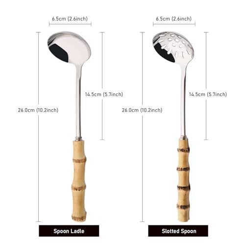 Soup Ladle and Slotted Spoon Set, 304 Stainless Steel Serving Utensils with Natural Bamboo Handle, Soup Spoons For Serving Gravy Hot Pot Or Restaurant, 10.2 Inch, 4 PCS / 2 of Each - color: 4-Piece Soup Ladle