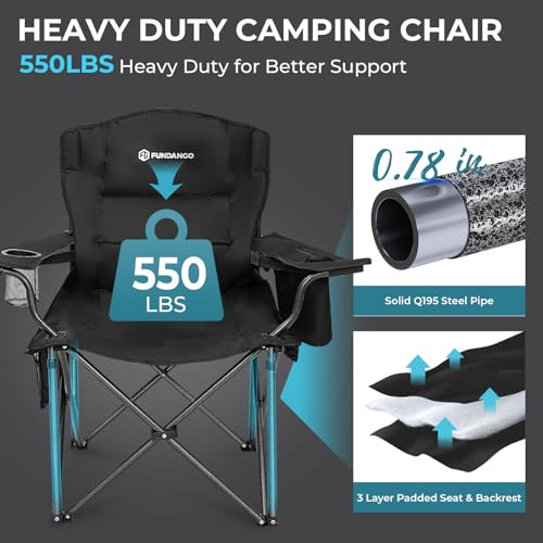 FUNDANGO Oversized Camping Chair for Adults, Heavy Duty Portable Foldable Lawn Chair with Padded Seat & Back, Lumbar Support, 4-can Cooler & Cup Holder, Carry Bag Included for Outdoor - color: Black With Lumber Support 1 Pack