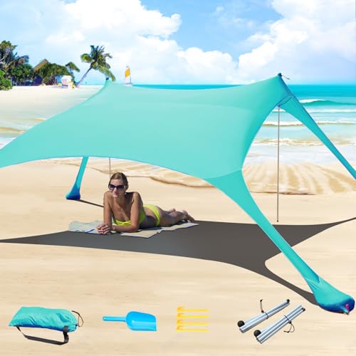 7×7 FT Beach Tent Sun Shelter UPF50+ UV Protection, Outdoor Canopy Tent Sun Shade with 2 Poles for Camping, Beach, Fishing, Backyard and Picnics Turquoise - color: Turquoise