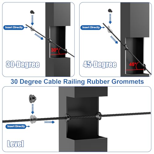 100 Pack 30 Degree Cable Railing Rubber Grommets, Black Angle Beveled Protector Sleeve for 1/8" 5/32" 3/16" Cables for Metal Cable Railing Posts, Cable Railing Protector Sleeve Grommet, MY27 - size: Stair (30°)