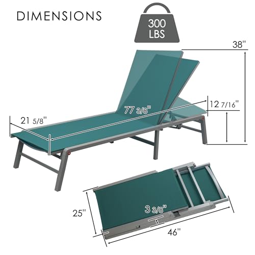 Kozyard Outdoor Foldable Lounge Chair, Aluminum Frame Patio Lounger with 5-Position Adjustable Backrest, Breathable Textilene Fabric, Assemble-Free, Reclining Full-Flat Poolside(MintGreen, No Table) - color: Mintgreen