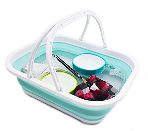 SAMMART 12L (3.17 Gallon) Collapsible Tub with Handle - Portable Outdoor Picnic Basket/Crate - Foldable Shopping Bag - Space Saving Storage Container (1, White/Lake Green) - color: White/Lake Green