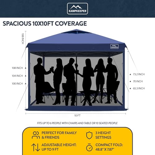 KAMPKEEPER 10x10 Pop-Up Canopy Tent, Waterproof Portable Shade with Screen Walls, Adjustable Instant Outdoor Shelter for Camping, Backyard, and Events, Navy Blue - color: Navy Blue