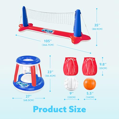 JOYIN Inflatable Pool Float Set Volleyball Net & Basketball Hoops, Balls Included for Kids and Adults Swimming Game Toy, Summer Floaties, Volleyball Court |Basketball,L-Red - color: Red, size: Large