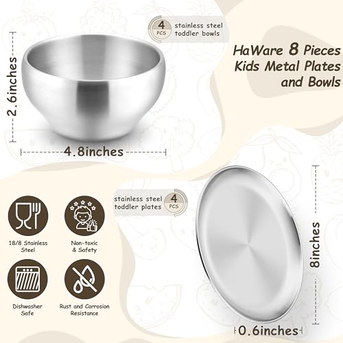 HaWare Kids Plates and Bowls, 8 Pieces Stainless Steel Dish Set, Reusable Dinnerware for Camping, Hiking, Travel, Picnic, Non-toxic Tableware set for Kids Self-feeding, Dishwasher Safe