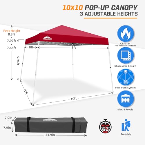 EAGLE PEAK 10x10 Slant Leg Pop-up Canopy Tent Easy One Person Setup Instant Outdoor Beach Canopy Folding Portable Sports Shelter 10x10 Base 8x8 Top (Red) - color: Red, size: 10x10