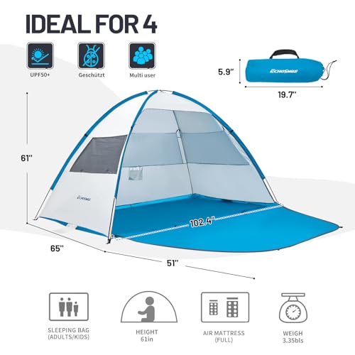 EchoSmile UPF 50+ Beach Tent Sun Shelter for 3/4 Person, Portable Beach Cabana Tent - color: White & Blue, size: 4 Person