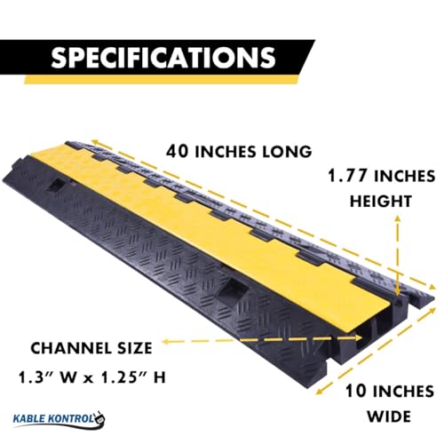 Kable Kontrol Atlas Heavy Duty Cable Protector Ramp - 2 Channel Bulk Wholesale Pallet - 10 Pcs - 40” Long Black & Yellow - 24,000 Lbs Capacity - Rubber Speed Bump Wire Protector Cord Cover - CP9987 - size: 2 Channel - 10 Units