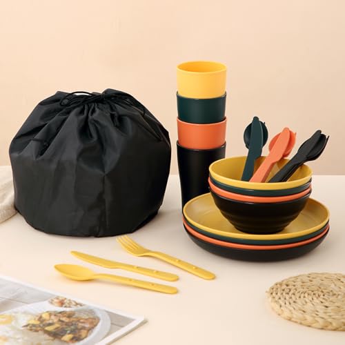 Camping Mess Kit for 4 with Bowl, Plate, Cup, Spoon, Fork, Knife and Carry Bag, Plastic Camping Accessories Essentials Gear for Travel, Picnic, Outdoor, Easy to Carry & Store