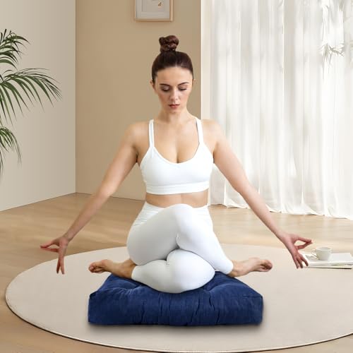 Meditation Floor Cushions Set of 2, Thickened Floor Pillow for Adults, Large Square Pillows Seat Cushion for Tatami Living Room Yoga, Memory Sponge Block Added, 22x22 Inch, Drak Blue