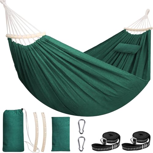 Chihee Hammock for Stand 9.8ft x 4.9ft Soft Cotton Hammock Holds Up to 660lbs Portable Tree Hammocks with Detachable Spreader Bar Pillow 2 Strong Webbings 2 Carabiners Patio Garden Indoor Outdoor - color: Dark Green, size: 300x150cm