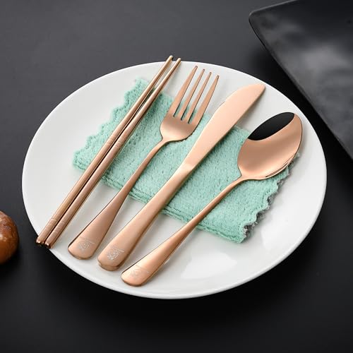 Boulder Bee Travel Utensils Set | Reusable Camping Cutlery Set | Stainless Steel Flatware Set | Portable Silverware Set with Case | Includes Knife/Fork/Spoon/Chopsticks/Cleaning Cloth/Case (Rose) - color: With Chopsticks-Rose