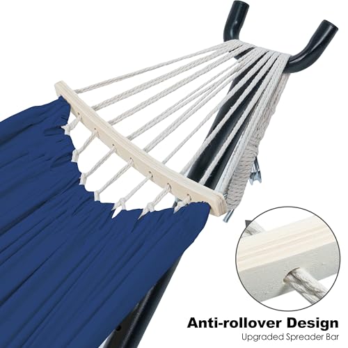 Gafete Double Hammock with Stand for Outside, Upgraded Spreader Bar, Heavy Duty Space Saving Steel Stand 2 Person, Side Pockets, Easy Assembly, 600lbs Weight Capacity, Indoor & Outdoor (Navy Blue) - color: Navy Blue
