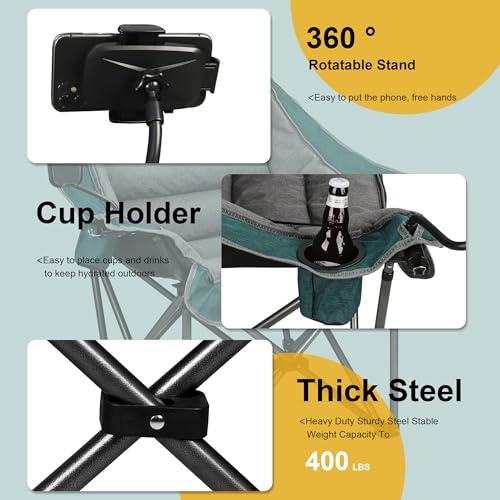 Northroad Oversized XL Padded Camping Chair w/Cell Phone Holder, Large Camp Lounge Chair, Foldable Lawn Chair w/Cup Holder,Carry Bag for Outdoor Hiking, Beach, Picnics, Heavy-Duty 400-lbs Capacity - color: Ph-green