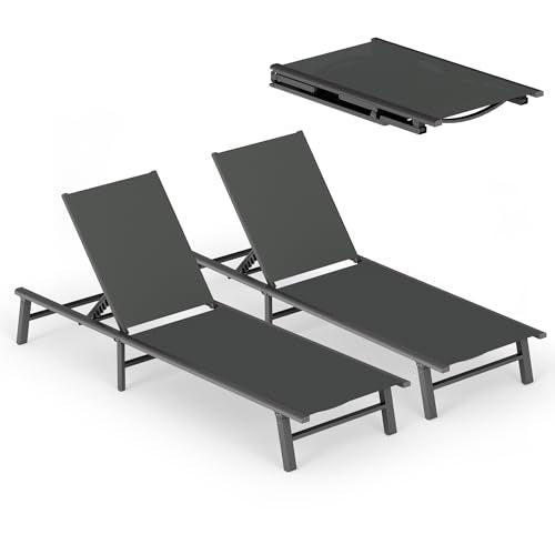 Ciokea Foldable Outdoor Lounge Chair Set of 2, No Assembly Aluminum Chaise Lounge Outdoor with 5 Adjustable Positions, Pool Lounge Chairs with Portable Design for Pool, Beach, Deck, Patio, Grey - color: Grey-upgraded, size: 2 Packs