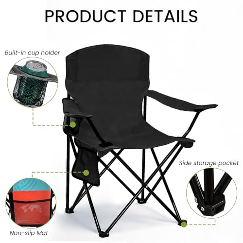 2 Pack Folding Camping Chair with Cup Holder & Side Storage Bag 300lbs Capacity Lightweight High Back Portable for Beach, Picnic, Sport, Black - color: Black, size: 2 Pack