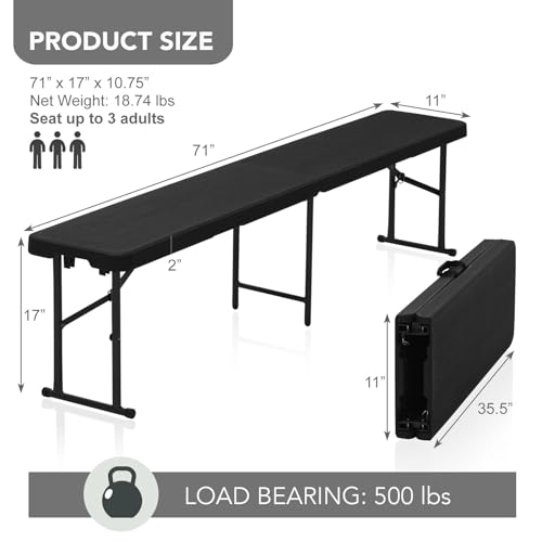 AJP Distributors 2 Pack 6 Foot Portable Plastic Folding Bench 6FT 72" Half Foldable Heavy Duty Seat w/Carry Handle - Indoor Outdoor Backyard Camping Picnic BBQ Party Wedding Dining Event Meeting Black - color: Black Wood Style, size: 6 Foot - 2 QTY