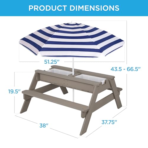 Best Choice Products Kids Picnic Table with Umbrella, 3-in-1 Sand & Water Table, Outdoor Convertible Picnic Table for Toddlers, Seats 4, Removable Top, 2 Buckets - Gray/Navy - color: Gray/Navy