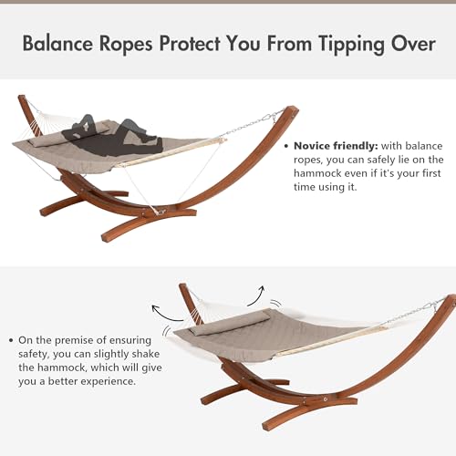 ANOW 13.5FT Curved Wooden Stand with Rope Hammock, Heavy Duty Larch Wood Arc Stand with 2 Chains, 4 Balance Ropes and 4 Carabiners, Includes Light Brown Hammock with Spreader Bars - color: Light Brown
