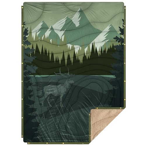 Outdoor Camping Blanket with Sherpa Lining, Extra Warm Thick Camp Blankets and Puffy Ultralight Soft Poncho DWR Camping Quilt for Cold Weather, Adventure, Sleeping, Backpacking 78"x 56" - color: Grass Green, size: 78 x 56 inches