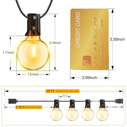 Ollny 25FT Outdoor String Lights, Waterproof Connectable Shatterproof Outside Light with 13 Edison + 1 Spare LED Bulbs Plug in, Patio Lights for Indoor Balcony Porch Camping Deck - color: Black Wire, size: 25FT-Warm White